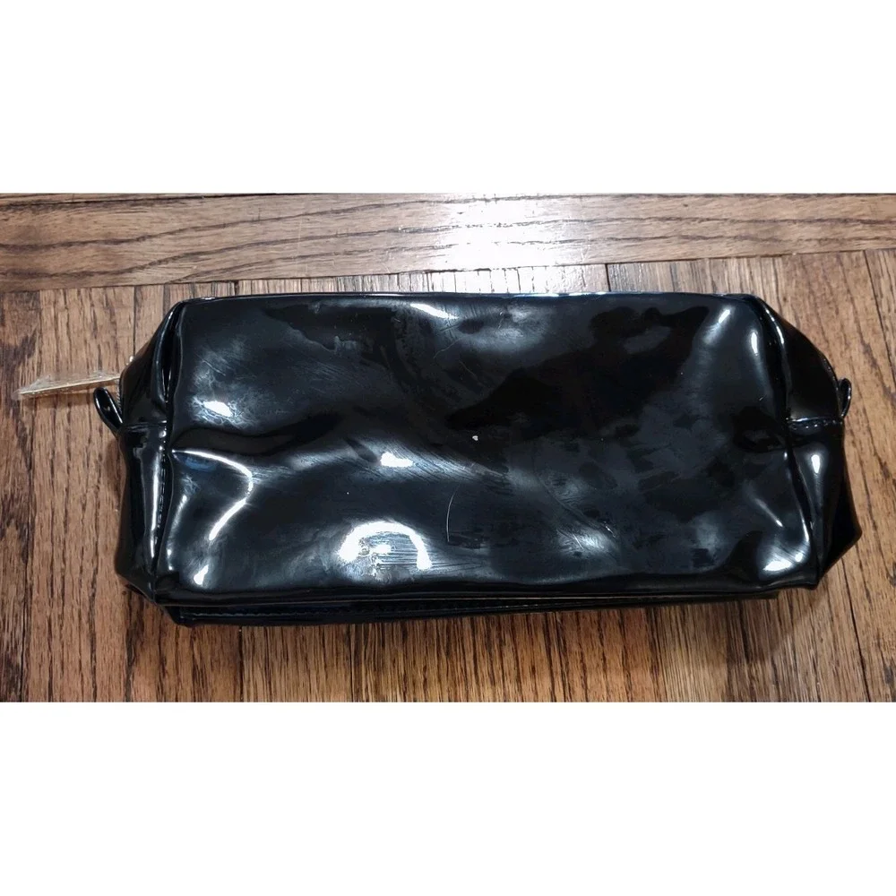 Lancome Black Faux Leather Makeup Bag Rose Design Toiletry Pouch Travel Case